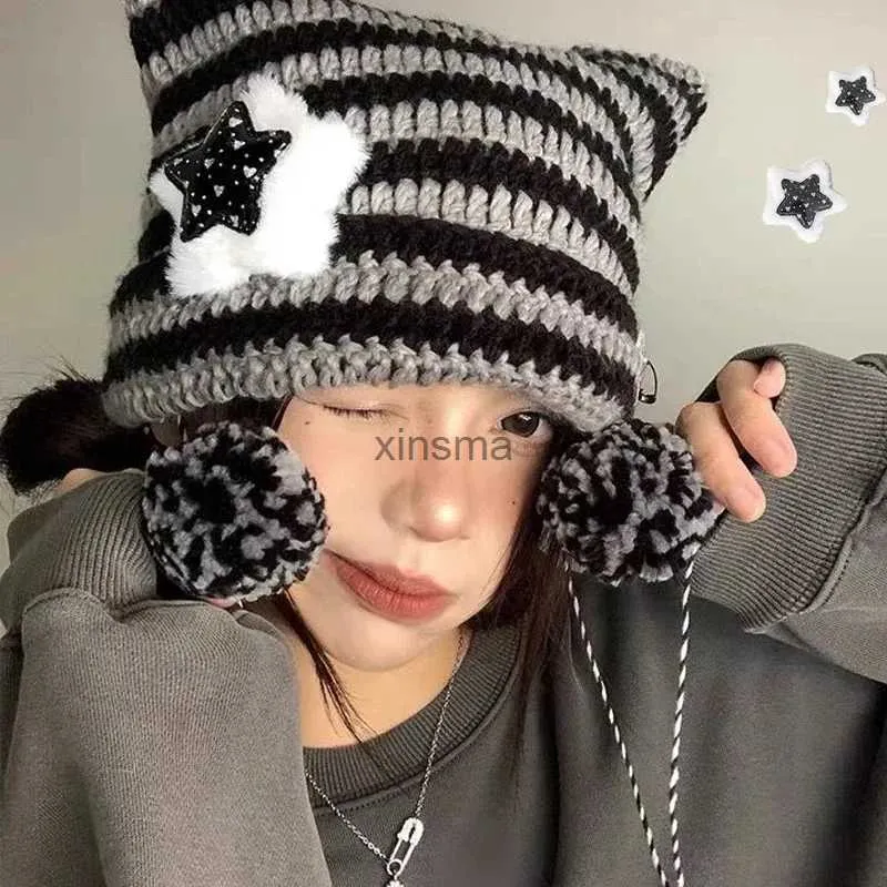 Beanie/Kafatası Kapakları Küçük Şeytan Örme Beanie Hat Kadın Punk Kızlar Y2K Yıldız Kafatasları Çizgili Yün Tatlı Kedi Kulakları Sıcak Bonnet Sokak Giydirme YQ240207