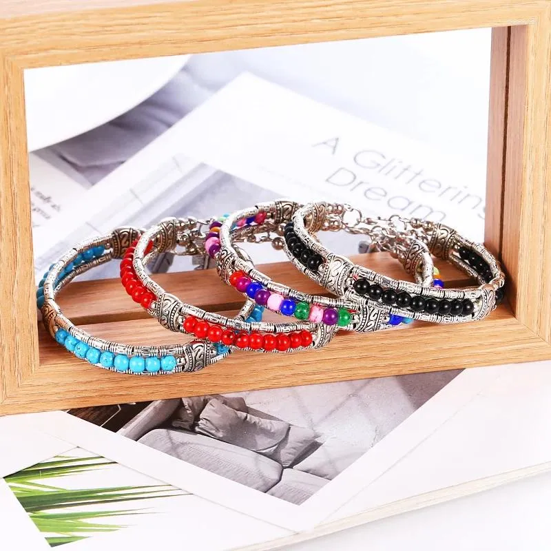 Strand HOCOLE Vintage Pierre Perle Bracelets Pour Femmes Ethnique Tibétain Argent Feuilles Pendentif Bracelets Bracelet Boho Bijoux Faits À La Main 2024