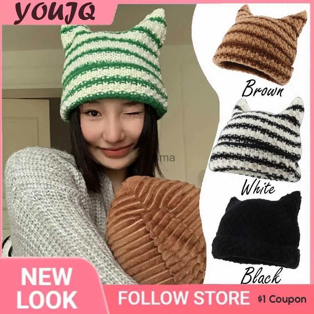 Beanie/Skull Caps Y2K Japanese Beanie Hat Ins Little Devil Striped Knitted Caps For Women Autumn Winter Cute Cat Ears Pointed Pullover Womens Hat YQ240207