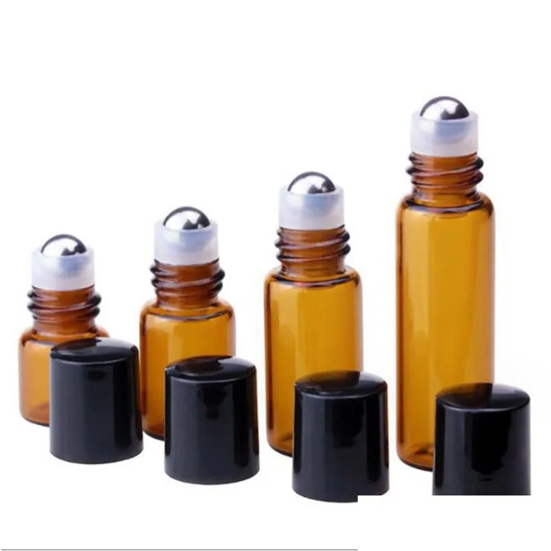 Bouteilles d'emballage en gros 1 ml 2 ml L 5 ml 10 ml rouleau de verre ambré sur bouteille huile essentielle vide par tube de rouleau en métal boule à bille en métal or L Dhzwn