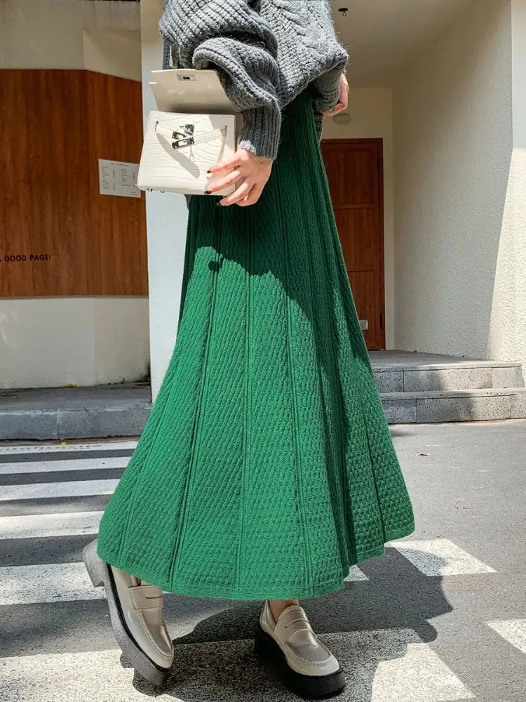 Осень-зима трикотажная женская юбка толстая длинная юбка с эластичной резинкой на талии свободная однотонная зеленая хаки корейский стиль юбка-трапеция женская 240202