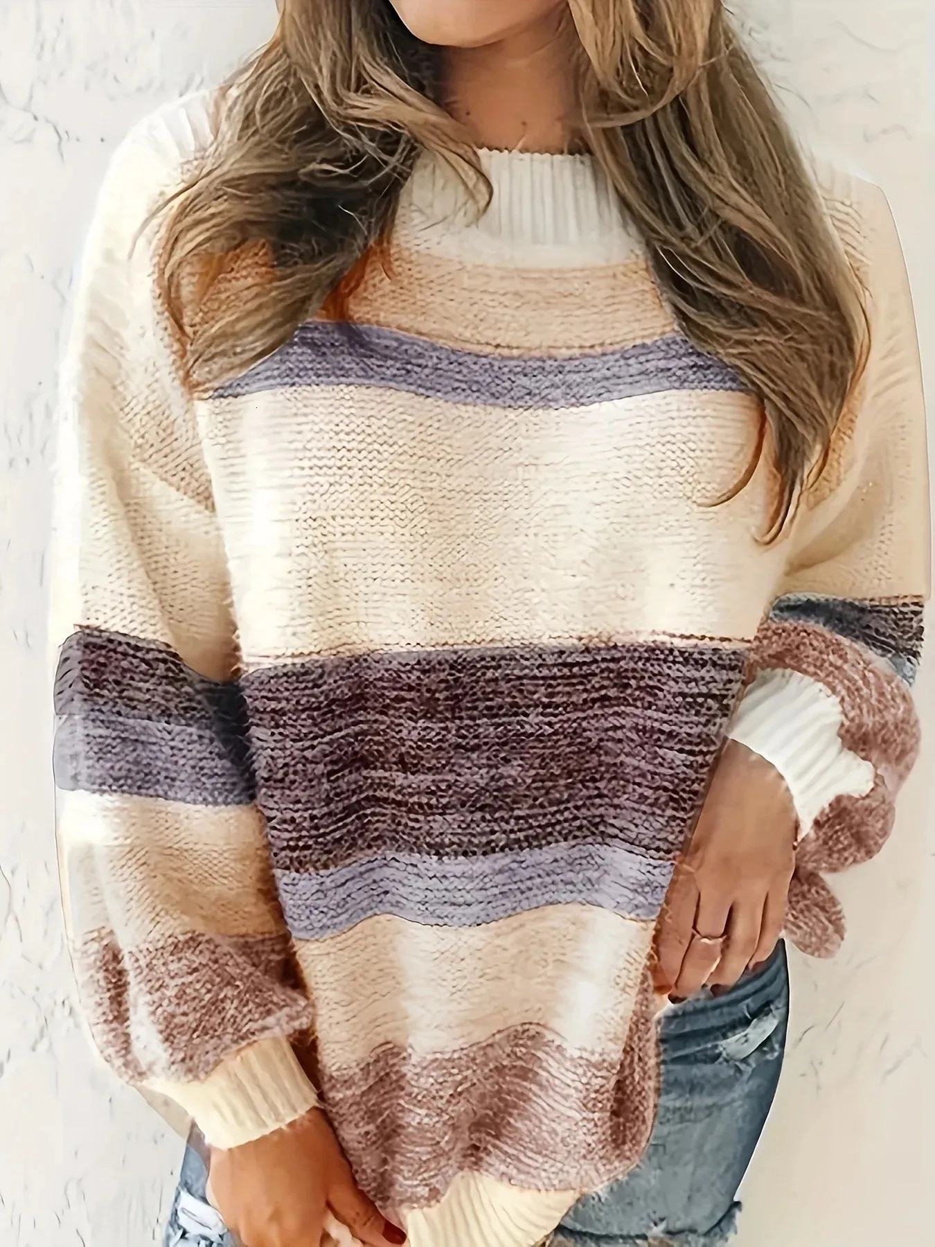 Plus Size Casual Sweater Womens Colorblock Long Sleeve Round Neck High Stretch Jumper 240202