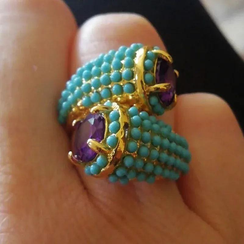 Vintage Böhmen Gold Farbe Große Ringe für Frauen Mode Punk Blau Mikro Pflastert Perlen Doppel Kopf Lila Zirkon Ringe Schmuck geschenke 240202