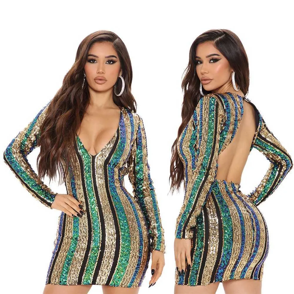 Basic Casual Dresses 2024 designer YY6583 New sexy backless long sleeved buttocks wrapped nightclub striped sequin dress