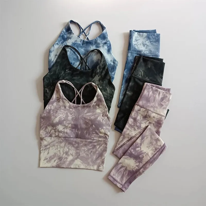 2 pezzi senza soluzione di continuità set da yoga per donna allenamento abbigliamento sportivo abbigliamento da palestra fitness crop top tie dye leggings a vita alta tute sportive 240124