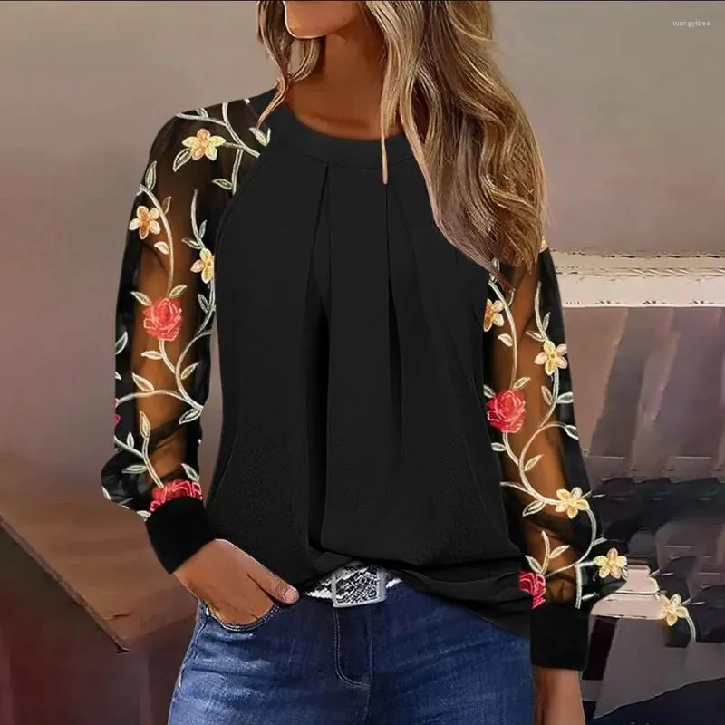 Kvinnors blusar Löst skjortor Casual Mesh Tops för kvinnor 2024 Floral Brodery Fashion Woman Blus Summer Elegant Long Sleeve