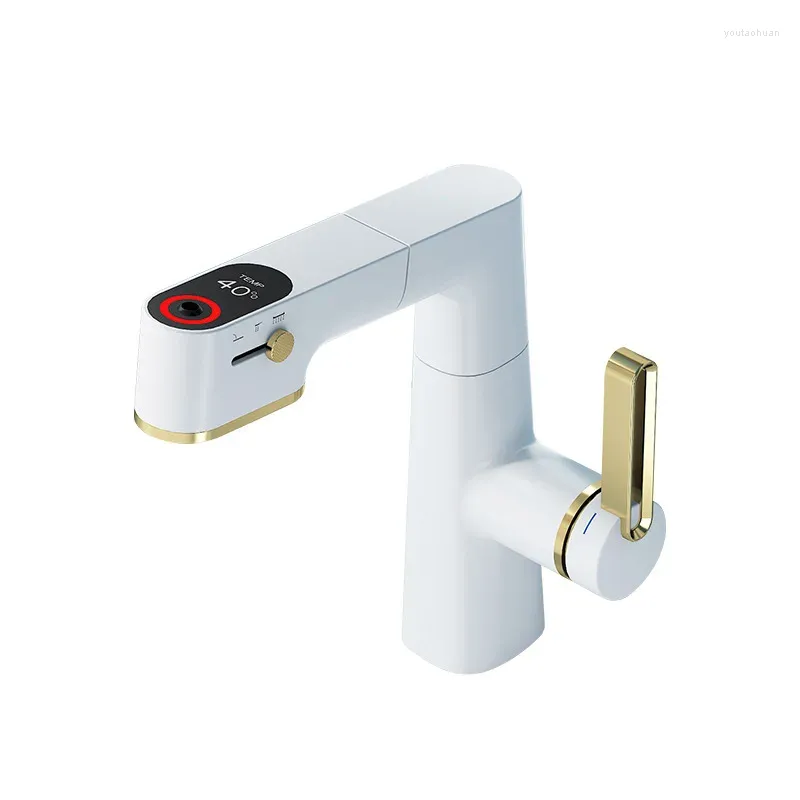 Bathroom Sink Faucets All Copper White Digital Display Pull-out Basin Faucet With Adjustable Lifting And Rotating Cold