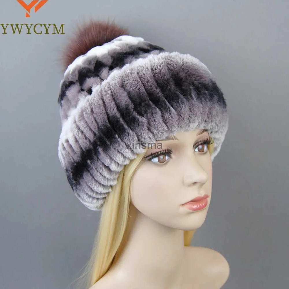 Beanie/Skull Caps New Winter Warm Real Rex Rabbit Fur Hats Beanies 100% Natural Fur Caps Fashion Knitted Genuine Fur Hat With Silver Fox Fur Ball YQ240207