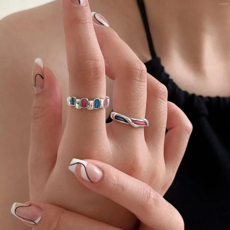 Bagues de cluster Dainty Coloré Émail Ouvert Bague 925 Sterling Argent Coréen Tendance Mignon Ajustable Forme Carrée Twist Multicolore Pour Les Femmes