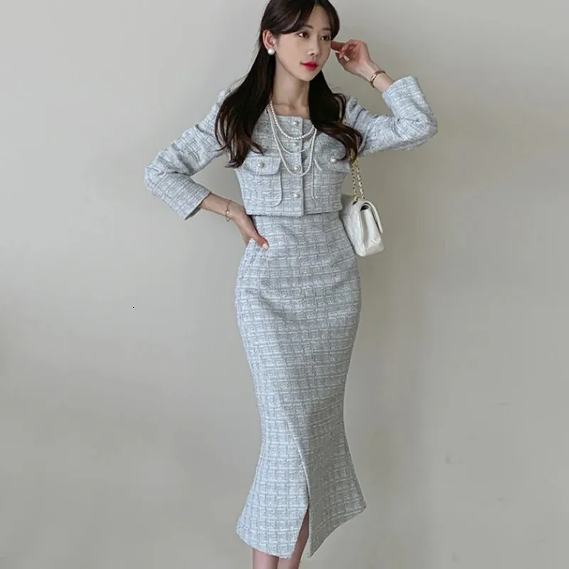 Koreaanse Herfst Winter Vrouwen 2 Delige Set Single-Breasted Korte Jassen Vintage Midi Kokerrok Sets Tweed Eenvoudige Plaid pak 240129