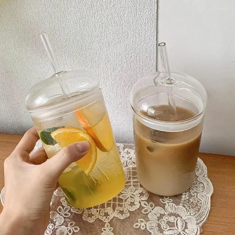 Verres à vin tasse en verre avec couvercle et paille Transparent bulle thé boisson froide tasse à café jus de bière lait moka petit déjeuner verres