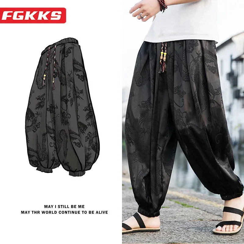 FGKKS Outdoor Brand Pants For Men Lce Silk Dragon Dark Flower Loose Bloomers High Quality Wide Leg Casual Trousers Male 240126