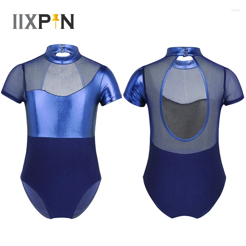 Scene Wear Iixpin Shiny Metallic Leotard Ballet Dance Girls Mock Neck Mesh Splice Cutout Back Gymnastics For Jumpsuit