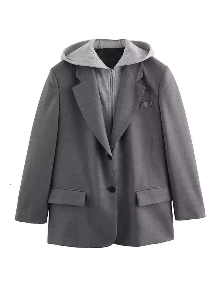 Mode Casual Flip À Capuche Blazer pour Femmes Revers Simple Boutonnage Fermeture Éclair Épissage Manteaux Rétro Solide À Manches Longues Poche outwear 240202