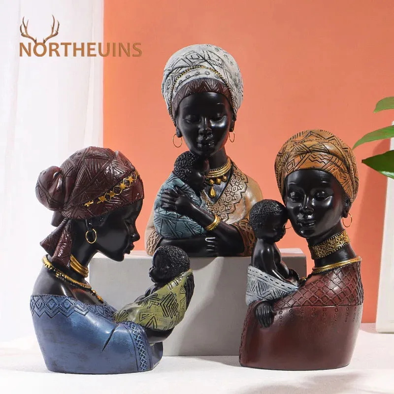 NORTHEUINS Résine Africaine Exotique Noir Mère Et Enfant Statues Figurines Rétro pour Intérieur Fête des Mères Cadeau Décorations pour La Maison 240202