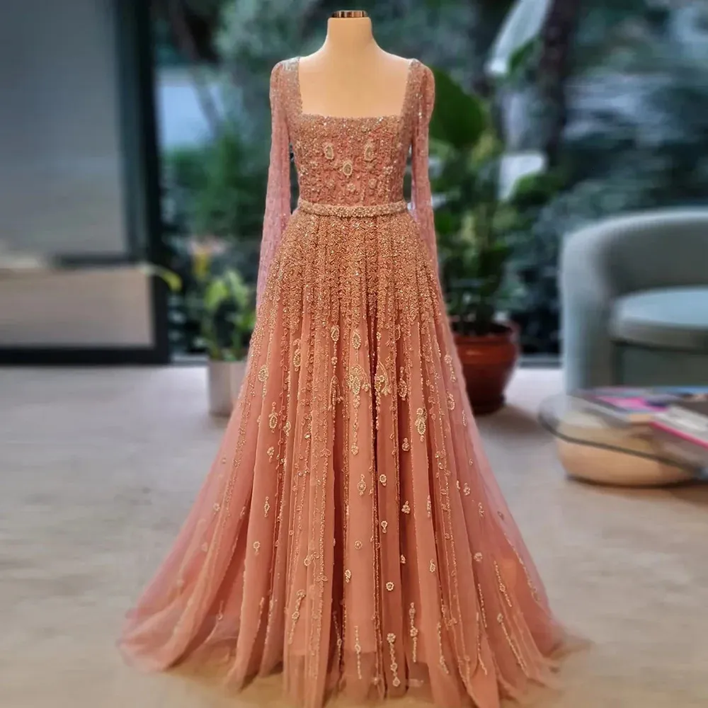 Sharon Said Luxury Pink Dubai Evening Dresses for Women Wedding Square Neck Cap Sleeves Arabic Muslim Formal Party Gowns SS494 240201