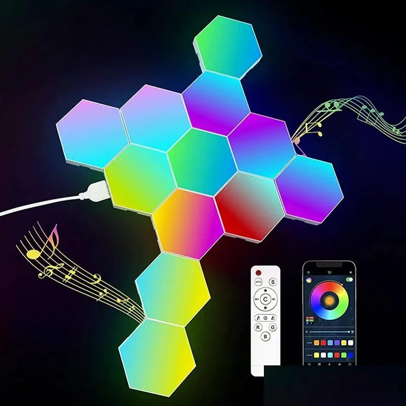 Lampy ścienne 10pcs Aplikacja zdalna sterowanie RGB LED Heksagonalna lampa wewnętrzna nocna światło komputerowe grę lampa gier