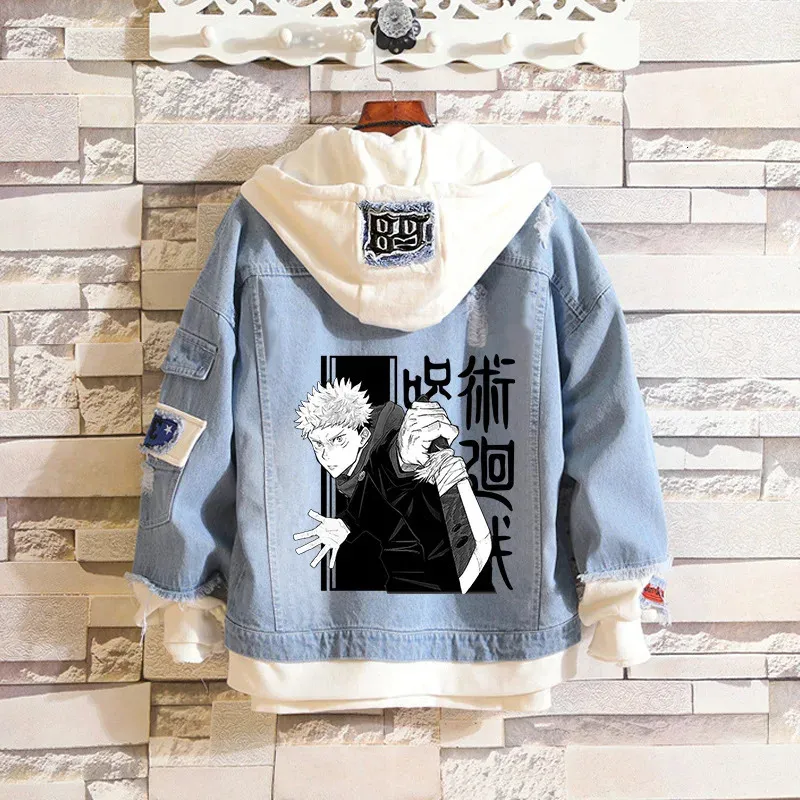 Anime Jujutsu Kaisen Anime Giacca da uomo in jeans Gojo Satoru Stampa Casual Donna Patchwork Giacca di jeans Autunno Cappotto con cappuccio Outwear 240122