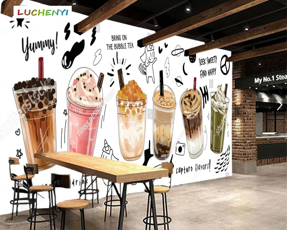 Papel de parede personalizado adorável bolha chá 3d mural restaurante café suco loja sala jantar papéis adesivo 240122