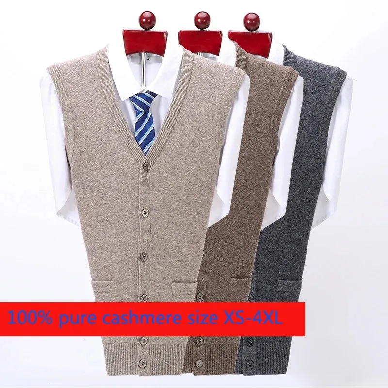 High Quality Thickened Pure Cashmere Cardigan Waistcoat Men Loose Knitted Sweater Casual V-neck Sleeveless Plus Size S-5XL240127