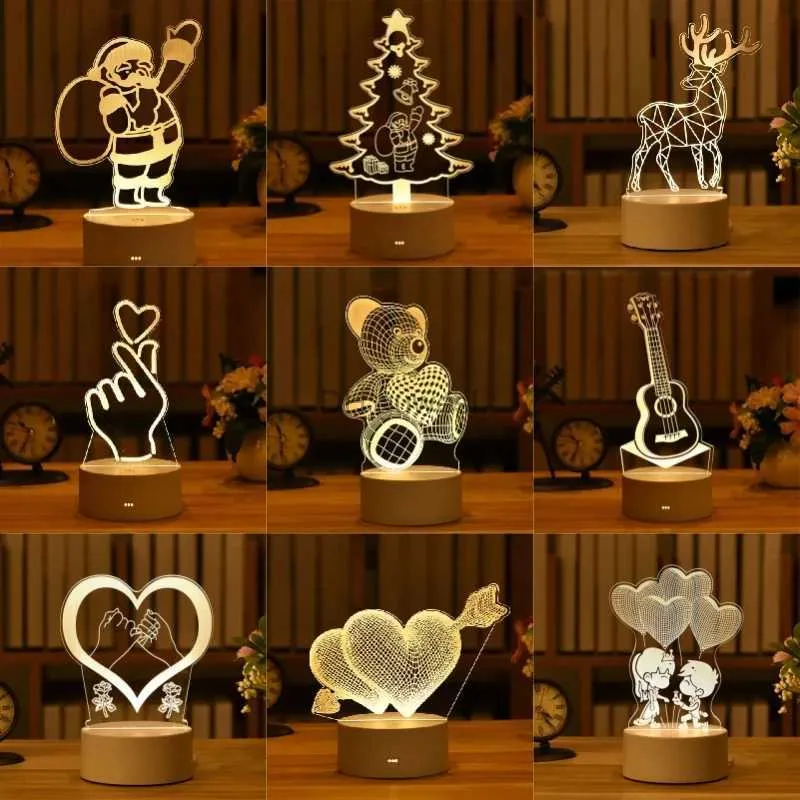 Light Lights Romantic Love 3D Acrylic LED LAMP للمنزل للأطفال ليلا مصباح مصباح عيد الميلاد ديكور عيد الحب يوم السرير مصباح YQ240207