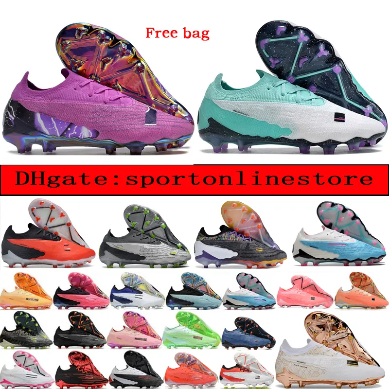 Partihandel Skicka väska utomhusfotbollsskor Phantom GX Elite FG Ghost Low Version Football Cleats Mjuk läder Bekväma naturliga gräsmattränare Fotbollsskor