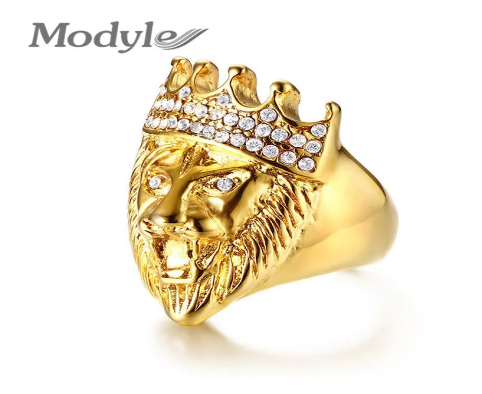 Modyle Gold Color Classic 316L rostfritt stål Men Punk Hip Hop Ring Cool Lion Head Band Gold Ring Jewelry3971602