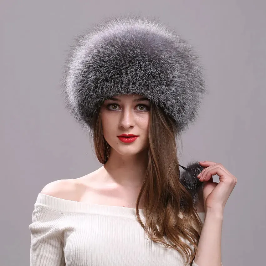 Real Fox Fur Hat for Women with Leather Top Mongolian Princess Hat with Pompom Winter Warm beanie Russian Cap Bonnets for Women 240123