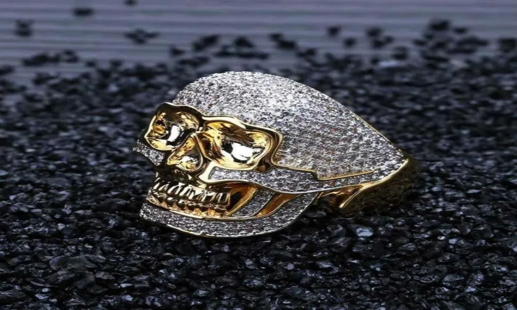 Anéis gelados para homens hip hop designer de luxo masculino bling diamante ouro crânio anel 18k banhado a ouro esqueleto rapper anel jóias lov7974884