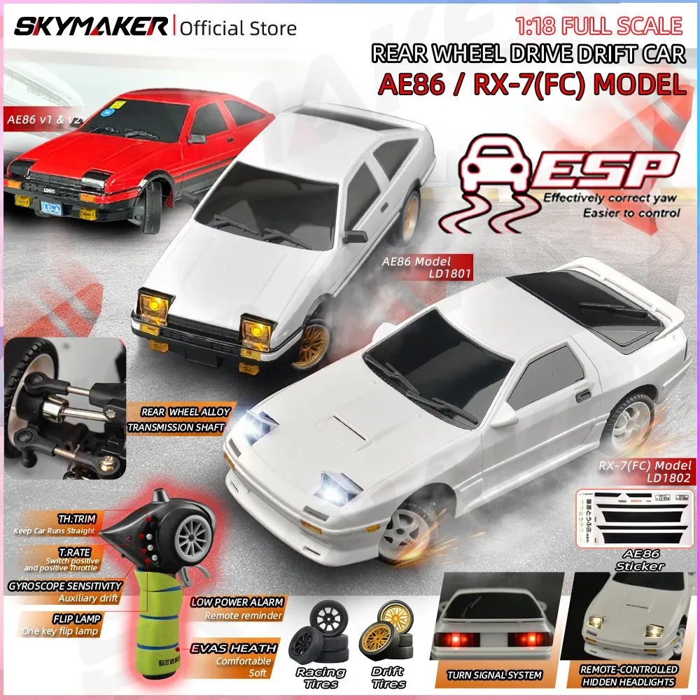 1 18 AE86 Model LD1801 RX-7 FC LD1802 RC Drift Car 1/18 2.4G Remote Control on Road ESP Gyroscope LED Mini RC Racing Car Toys 240122