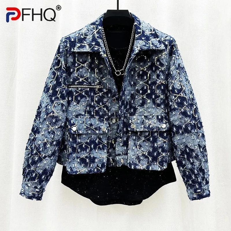 PFHQ Sequin Light Luxury Denim Jackets For Mens Personalized High Quality Handsome Fashion Worn Out Vintage Autumn Coat 21Z2683 240202