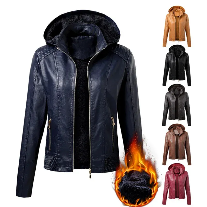 Arrivée automne hiver PU cuir manteau femmes mode à capuche col velours garder au chaud courte femmes en cuir veste S-XL 240122
