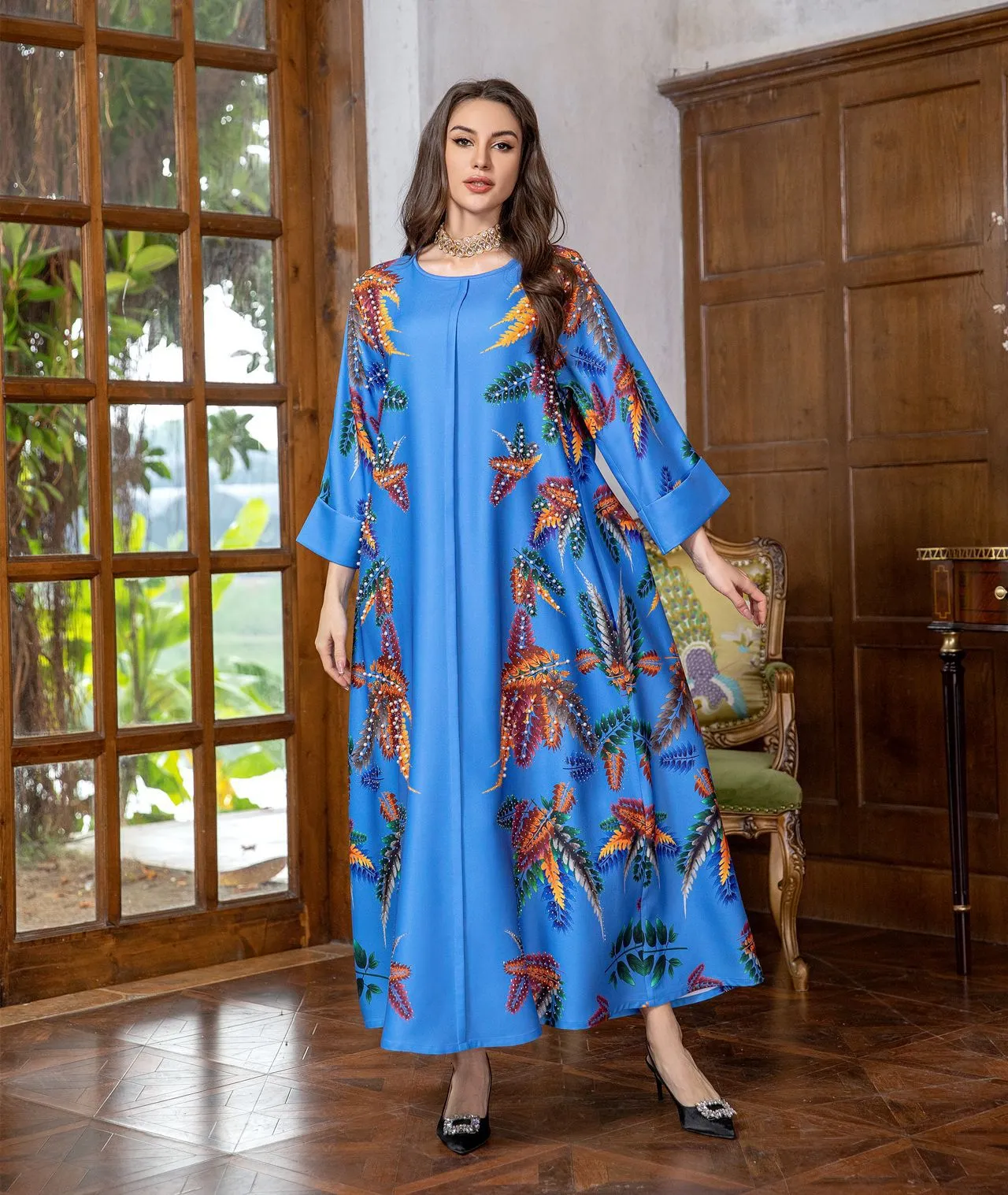 Women Middle Eastern Evening Dress Abaya with Printed Diamond Beads in Blue  Beige Green Polyester Cotton from Dhgate Ethnic Clothing