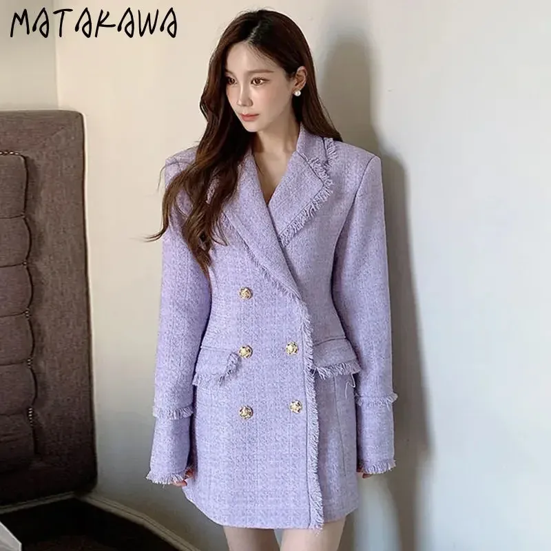 Matakawa Tweed Women Kurtki Tassels Silne podwójne biuro Office Sweet Coats Vintage Notched Long Chaqueta Mujer 240123