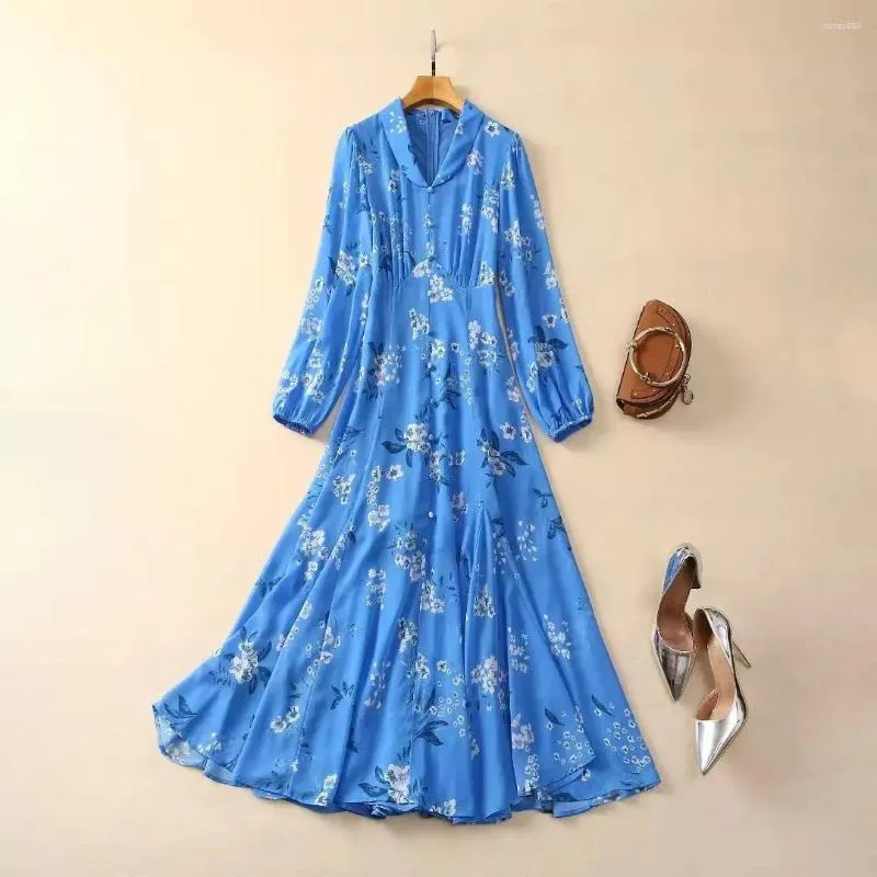 Casual Dresses European and American Women's Clothes 2024 Spring Long Sleeve Lapel Print Blue Fashion Pleated Dress XXL