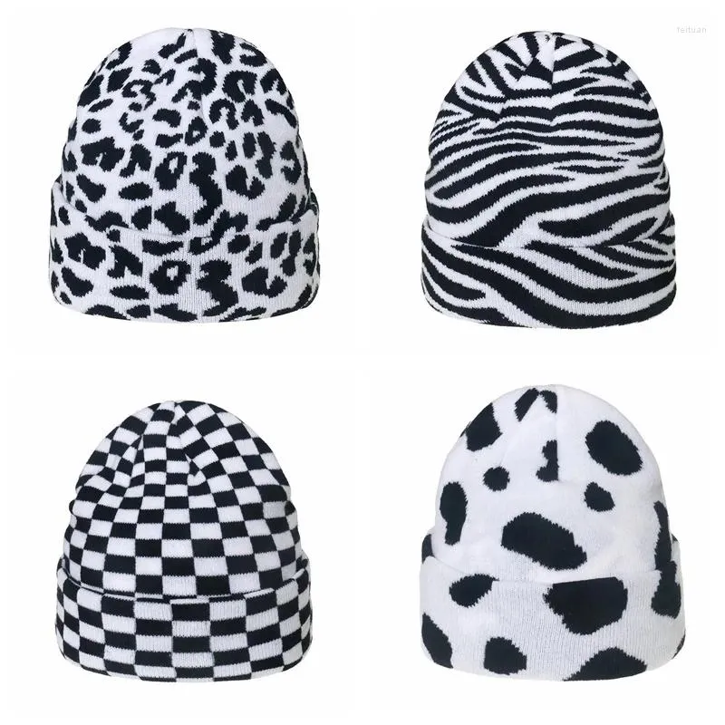 Berets Trendy jesienne zimowe czapki czarne białe kontrola Zebra Leopard czapka ciepła czapka Hip Hop Knitte czapki czapki dla kobiet mężczyzn