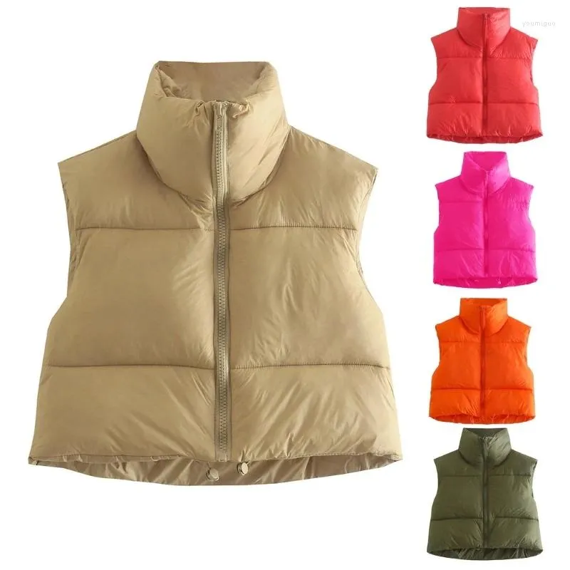 Gilets pour femmes Femmes Crop Puffer Gilet léger sans manches chaud vêtements d'extérieur col montant fermeture éclair solide court rembourré Gilet gilet