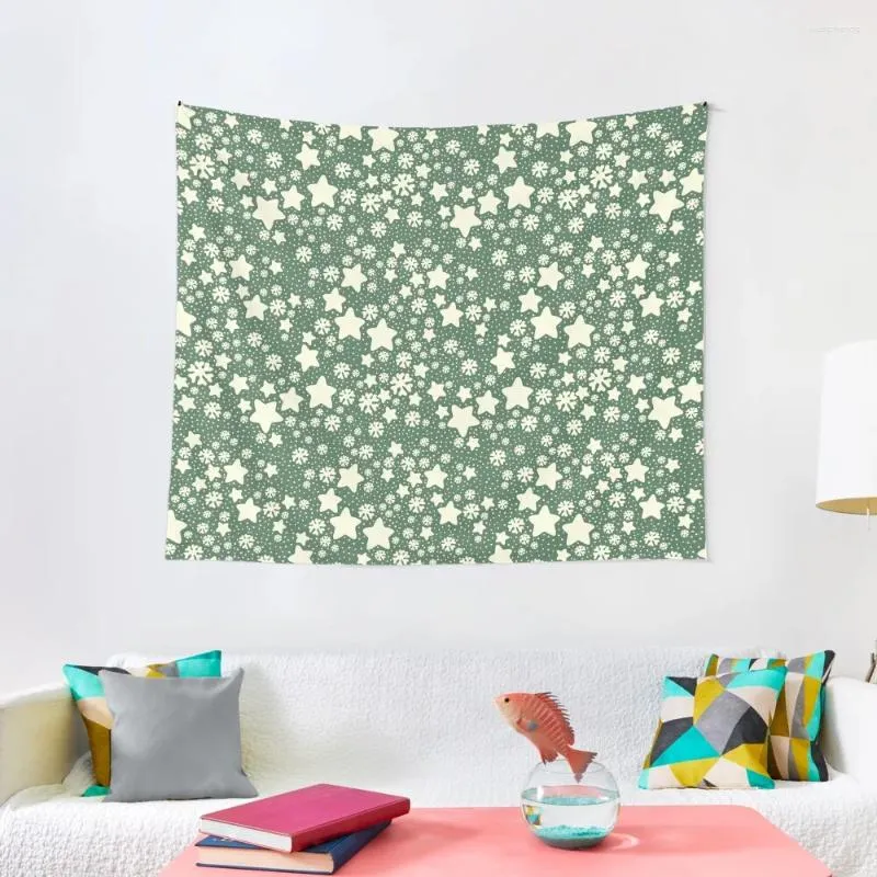 Tapisseries étoiles de noël et flocons de neige mouchetés Boho pin vert crème tapisserie décoration de chambre tapis mural