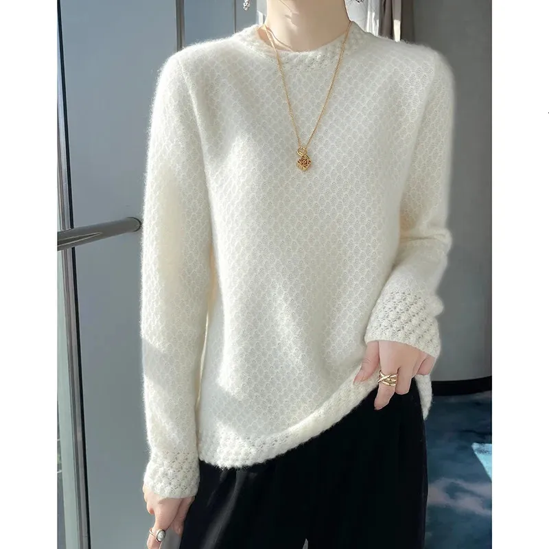 100 Pure Australian Wool Autumn Winter Sweater Womens 2024 Fashion Half High Neck Sticked Bottom Waffle Long Sleeved Wear 240202