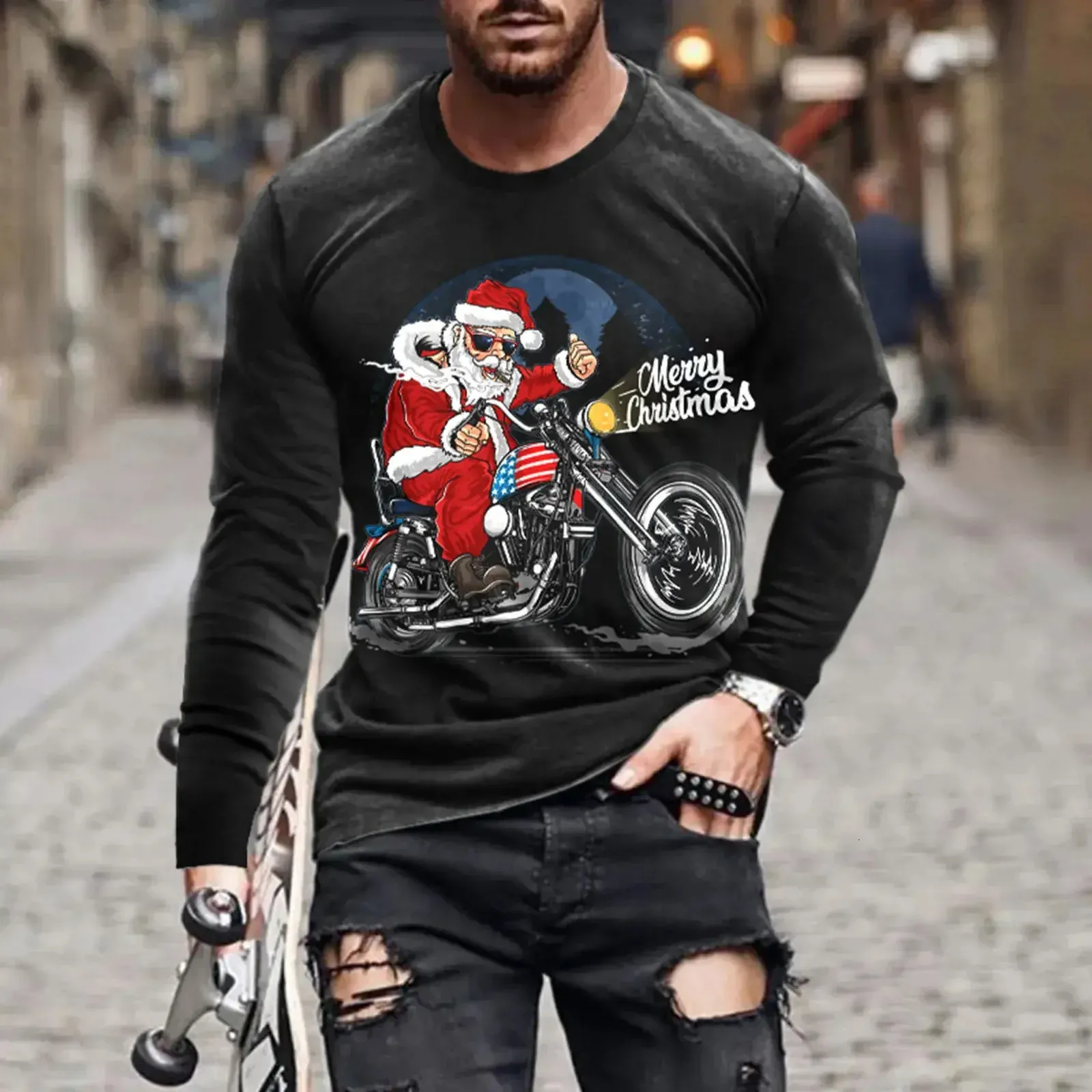 Maglietta con stampa Babbo Natale 3D per uomo Moda Natale Harajuku Maglietta a maniche lunghe in cotone Casual Oneck Top Pullover oversize 240201