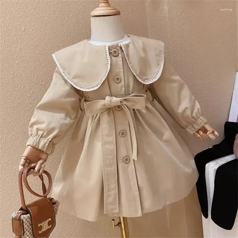 Coat Trench England Style Jacket Girls Fashion Cute Lace Turndown Collar 1-8 Y Baby Kids Long Windbreaker Casual Outer Clothing