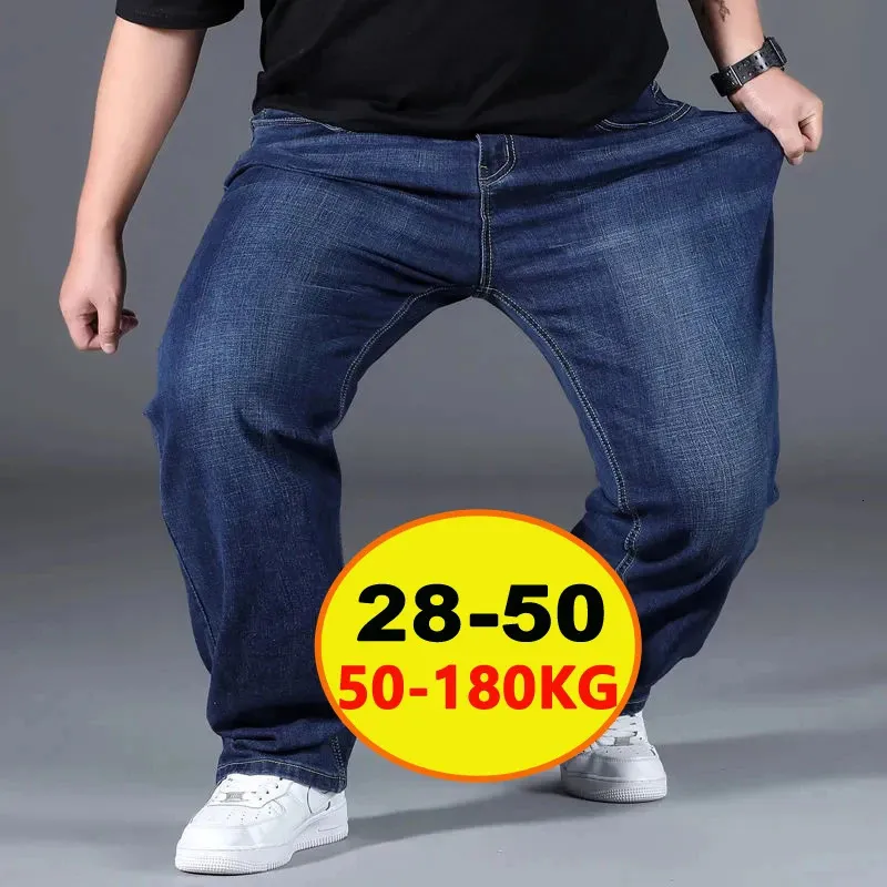 Mens Large Plus Size Baggy Jeans Elastic Band 10XL Oversize High Waist Loose Pant Husband Fat Loose Black Male Denim Trouser 240131