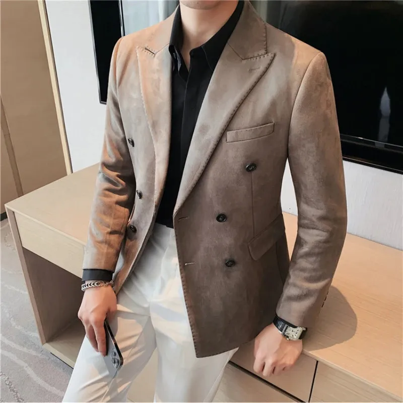 Blazer da uomo di marca di alta qualità da uomo slim fit moda colore puro in pelle di camoscio abito in pile smoking da ufficio blazer giacche 240123