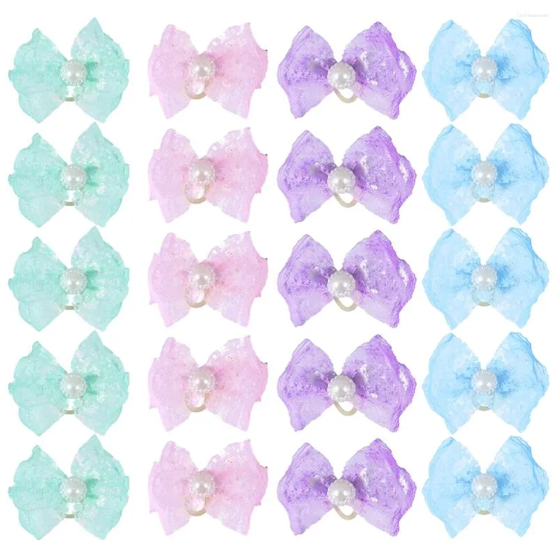 Vêtements de chien 20pcs adorable bande de cheveux en caoutchouc fleur corde dentelle cravate nœud papillon couvre-chef pour chat de compagnie chiot (rose bleu violet et