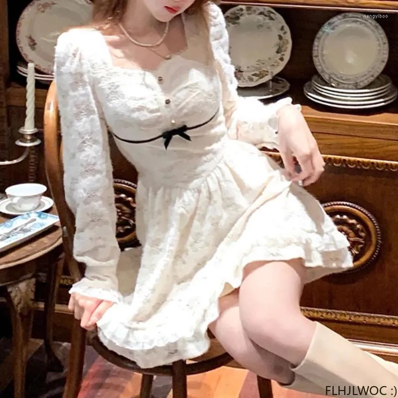 Casual Dresses 2024 Date Girls Little Small Dress Party Mini Lolita Style Cute A Line Bow Tie White Lace Sanding Women Vestidos