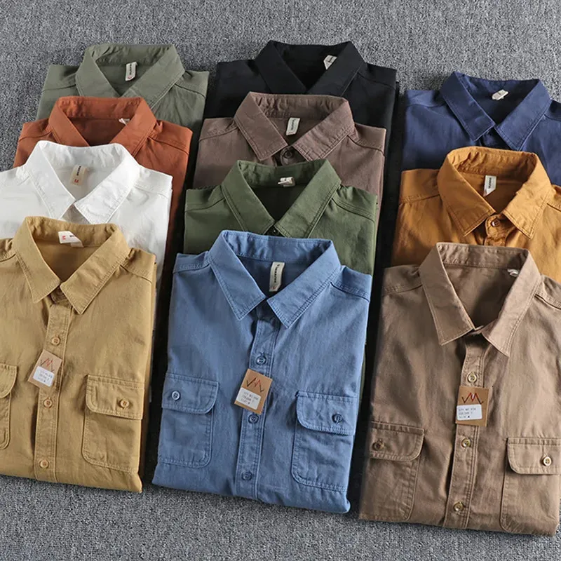 Otoño americano Retro sarga tejida camisa Cargo moda de los hombres puro algodón lavado viejo manga larga dos bolsillos blusas casuales 240125