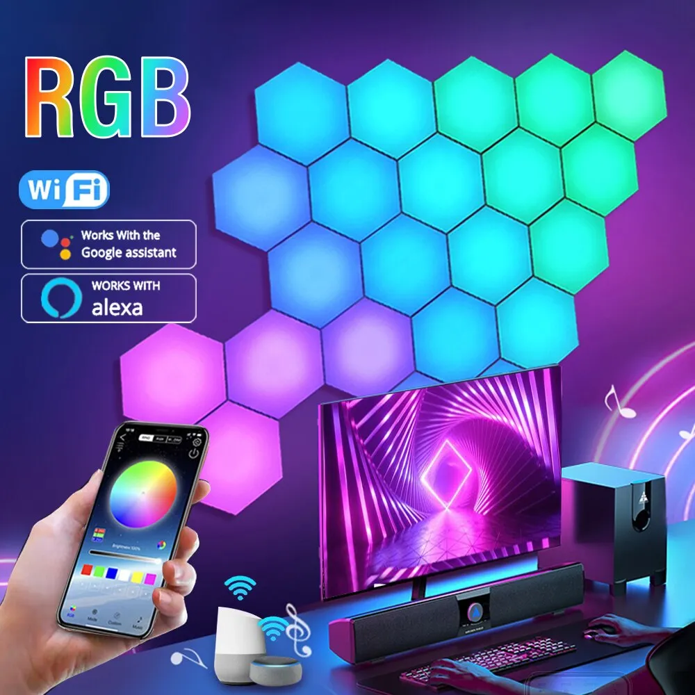 12pcs RGB Intelligent Hexagonal Wall Lamp Color-changing Ambient Night Light DYI Shape Music Rhythm APP Control For Game Room Bedroom