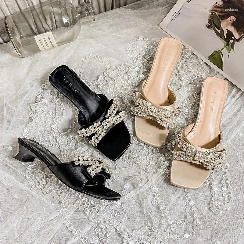 Talltor 2024 Rhinestone Bowknot Silk Women Strange Med-High Heels Summer Shoes Crystal Beading Bow Sandalias Mujer Plus Size 43