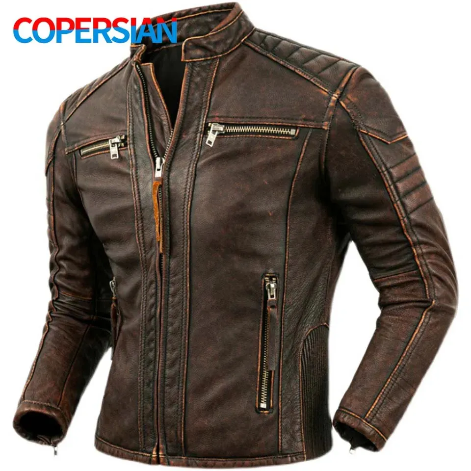 Veste en cuir naturel pour hommes première couche en cuir de veau col montant veste de moto rétro veste en peau de vache marron vêtements de motard pour hommes 240126