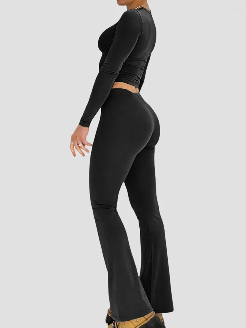 Pantalon de deux pièces pour femmes Femmes S Sexy 2 Tenues d'automne Dames à manches longues Crop Top Bell Bottoms Flare Pantalon Ensemble Survêtement d'entraînement